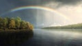 A stunning rainbow over a serene lake with majestic mountains and lush trees in the backdrop. Generative ai Royalty Free Stock Photo