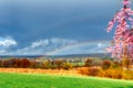 Stunning rainbow over a well-kept golf course in Venango, Pennsylvania