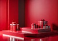 Stunning Red Platform Display for Holiday Gifts A Modern 3D Render Featuring Elegant Gift Boxes Against an Abstract Royalty Free Stock Photo