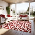 Red And White Decor Living Room With Exotic Rug