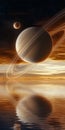 Stunning Reflection of Saturn s Rings on a Tranquil Water Surface During Dawn with a Beautiful Moon Royalty Free Stock Photo