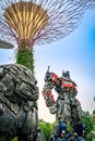 Stunning Rise Of The Beasts Transformers statues world tour on display by the Supertrees at the Silver Leaf Garden, Singapore.