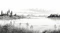 High Detail Black And White Lake Scene Illustration Royalty Free Stock Photo