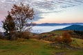 stunning rural landscape. foggy scenery at dawn in autumn season