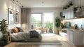 Stylish Scandinavian Studio Apartment with Light Pastel Colors and Big Window Living Room/Kitchen Space and Bed - AI Generated Royalty Free Stock Photo