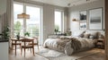 Stylish Scandinavian Studio Apartment with Light Pastel Colors and Big Window Living Room/Kitchen Space and Bed - AI Generated Royalty Free Stock Photo