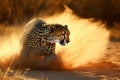 Stunning scene of a Cheetah running and hunting in the wild savanna. Amazing African Wildlife. Generative Ai