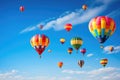 A stunning scene of multiple hot air balloons drifting gracefully through the sky on an exciting adventure, Colorful hot air