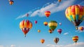 A stunning scene of multiple hot air balloons drifting gracefully through the sky on an exciting adventure, Colorful hot air