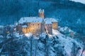 Stunning scenic view of beautiful cityscape of medieval Loket nad Ohri town with Loket Castle gothic style on massive rock.