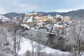 Stunning scenic view of beautiful cityscape of medieval Loket nad Ohri town with Loket Castle gothic style on massive rock.