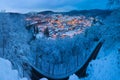 Stunning scenic view of beautiful cityscape of medieval Loket nad Ohri town with Loket Castle gothic style on massive rock.