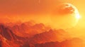 Alien landscape with majestic mountains and a giant red planet. fantasy art. science fiction scenery. digital Royalty Free Stock Photo