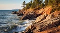 Vibrant Maritime Scenes: A Shore With Trees And Rocks