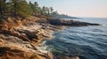Rocky Ocean And Trees Captivating Photo-realistic Landscapes In The Evening