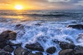 The colorful sunrise sky at the rocky coastline of the Black Sea Royalty Free Stock Photo