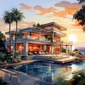 A stunning seaside villa bathed in the warm hues of a sunset, Generative Ai