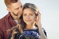 Stunning sensual young couple in love in summer field Royalty Free Stock Photo