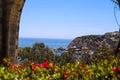 A stunning shot of the boats and yachts docked and sailing Dana Point Harbor with deep blue ocean water, lush green plants Royalty Free Stock Photo