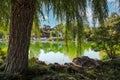 A stunning shot of a Chinese garden with a deep green lake and lush green trees reflecting off the water with blue sky and clouds Royalty Free Stock Photo