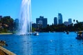 Stunning shot of the deep blue lake water, the lush green plants in the middle of the lake, palm trees and people on the water Royalty Free Stock Photo