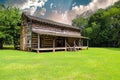 A stunning shot of a majestic log cabin surrounded by brown and yellow fallen autumn leaves Royalty Free Stock Photo