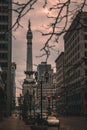 Stunning shot of the Monument in Downtown Indianapolis, illuminated against vibrant sky