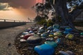 A stunning shot of a rock memorial along a bike path at the beach with colorful rocks and lush green trees Royalty Free Stock Photo