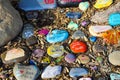 A stunning shot of a rock memorial along a bike path at the beach with colorful rocks and lush green trees