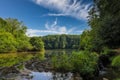 A stunning shot of the silky green lake water of Candler Lake surrounded by lush green trees on the banks of the lake