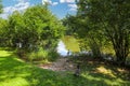 A stunning shot of the silky green lake water of Candler Lake surrounded by lush green trees on the banks of the lake