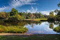 A stunning shot of a still lake in the park surrounded by lush green and autumn colored trees reflecting off the lake water Royalty Free Stock Photo