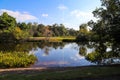 A stunning shot of a still lake in the park surrounded by lush green and autumn colored trees reflecting off the lake water Royalty Free Stock Photo