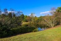 A stunning shot of a still lake in the park surrounded by lush green and autumn colored trees reflecting off the water Royalty Free Stock Photo