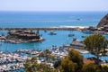 A stunning shot of the white boats and yacht docked and sailing Dana Point Harbor with deep blue ocean water, lush green plants Royalty Free Stock Photo