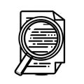 Stunning Showing Icon for document search, black and white color scheme, simple line drawing style.