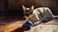 Ai Generative Siamese cat with blue eyes and blue ball on wooden floor