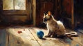 Ai Generative Siamese cat with blue eyes and blue ball on wooden floor