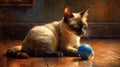 Ai Generative Siamese cat with blue eyes and blue ball on wooden floor