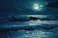 A stunning sight of a full moon shining brightly over the deep blue waters of the ocean, A moonlit ocean with glittering waves, AI