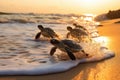 A stunning sight of numerous sea turtles surfacing from the deep blue sea, A group of sea turtles hatchlings making their way to