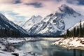 A stunning snowy mountain range stands tall in the distance with a peaceful river flowing in the foreground, An Alaskan landscape