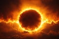 Stunning solar eclipse creating a fiery halo effect over the clouds at sunse Royalty Free Stock Photo