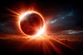 Stunning solar eclipse observed over a dramatic landscape with vibrant colors at sunset Royalty Free Stock Photo