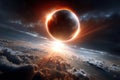 Stunning solar eclipse over clouds with rays of sunlight breaking through Royalty Free Stock Photo