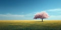 Stunning Spring Blossom Tree in Vibrant Field Peaceful Nature Scene Royalty Free Stock Photo