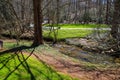 A stunning spring landscape in the garden with a flowing river surrounded by lush green grass, bare winter trees Royalty Free Stock Photo