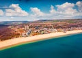 Stunning spring view from flying drone of Albena Beach.