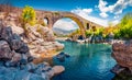 Stunning spring view of Old Mes Bridge. Gorgeous morning landscape of Shkoder