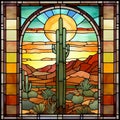 Stained Glass Image Of Cactus And Desert Sunset Frame